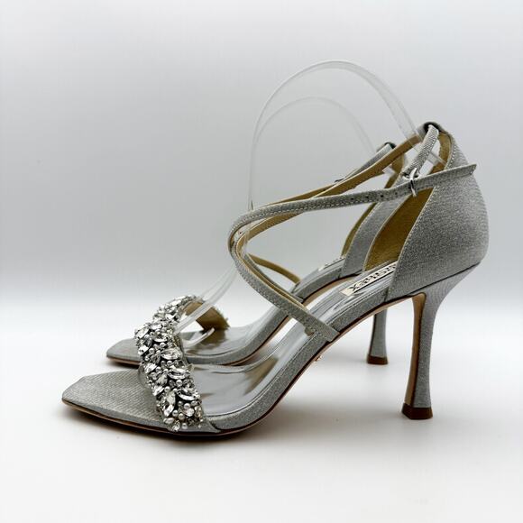 Badgley Mischka Womens Nala Glitter Strappy Heels US 8 Silver Satin NWOB - Picture 7 of 11